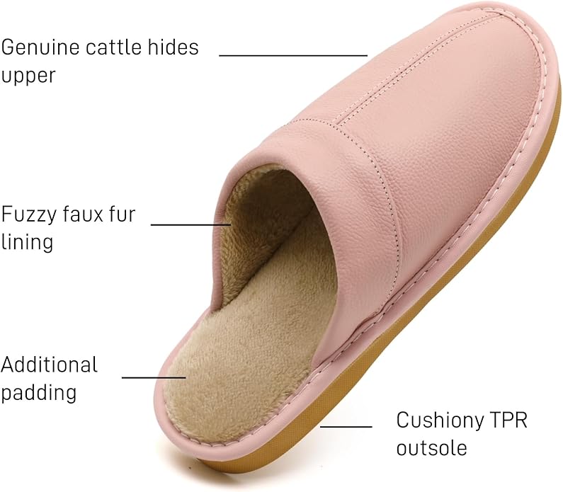 Slippers for Women Men, Genuine Leather Slippers Indoor Outdoor, Fuzzy Bedroom House Shoes for Women Men, Plush Lining Womens Sandals Slip-on