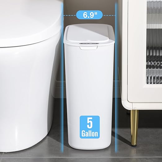 Cesun Motion Sensor Trash Can, 5 Gallon Automatic Bathroom Garbage Can with Lid, Touchless Smart Plastic Slim Wastebasket for Bathroom, Office, rv, Bedroom, Living Room, White