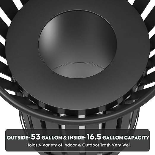 17Gallon Round Large Outdoor Trash Can, Heavy Duty Metal Slatted Garbage Can Outdoor, All Weather Resistant Commercial Garbage Cans, Waste Receptacle in Park, School, Beach, Patio (Black, Large)