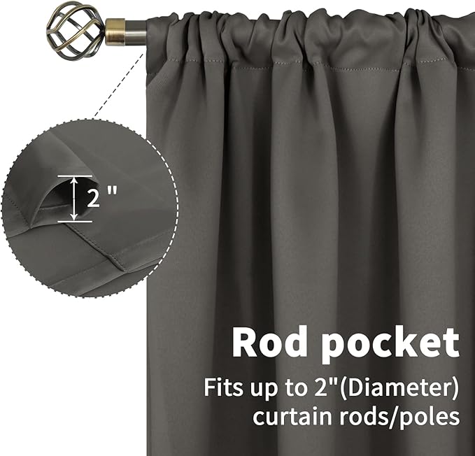 BGment Short Blackout Curtains 45 Inches Length for Bedroom - Rod Pocket Thermal Insulated Room Darkening Window Curtain for Kitchen Cafe, 34 x 45 Inch, 2 Panels, Grey