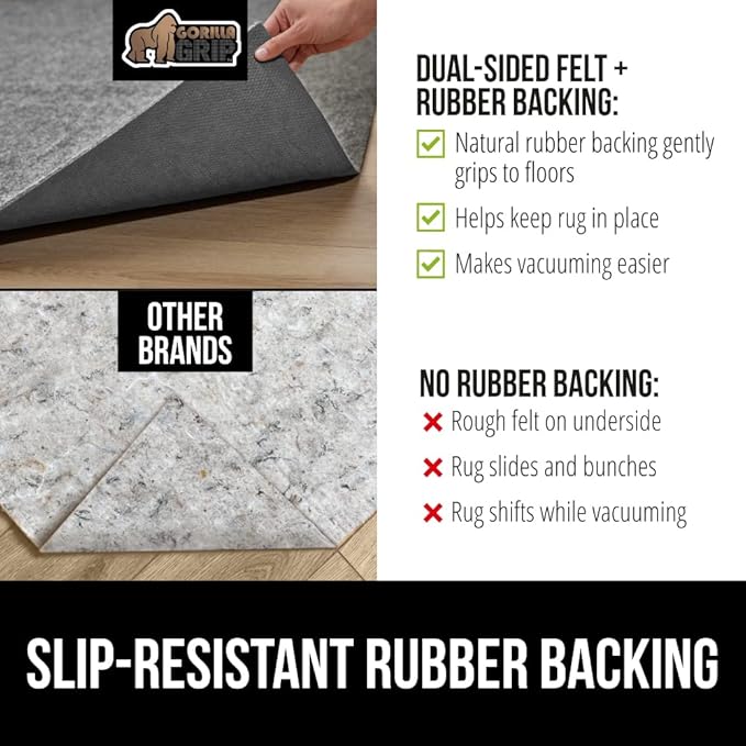 GORILLA GRIP Felt and Natural Rubber Stay in Place Slip Resistant Rug Pad, 1/4in Thick, 4x6 FT Protective Padding Under Area Rugs, Cushioned Gripper Pads, Carpet Runners, Hardwood Floors Protection
