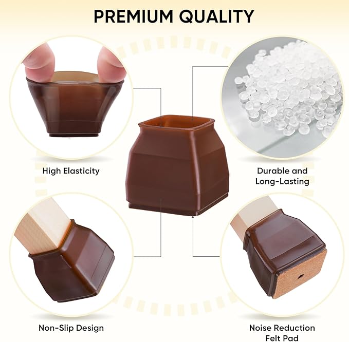 BALEINE 32 Pack Silicone Chair Leg Floor Protectors, Stool Leg Protectors Cap, Non-Slip Chair Leg Caps for Hardwood Floors (Brown & Small (Square), 32 Pack)