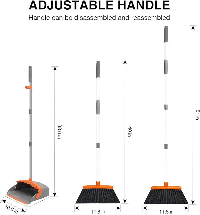 NACENA Broom and Dustpan Set, 52-in Long Adjustable Handle Broom Dustpan Combo with Dustpan Teeth to Automatically Clean Hair Suitable for Home Kitchen Office Hall Floor (Grey&Orange), 4 Pack