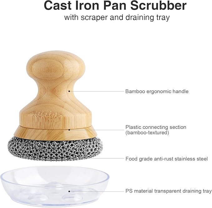 Cast Iron Scrubber and Scraper,Chain Mail Cleaner with Bamboo Handle & Draining Tray,316 Stainless Steel Brush for Cleaning Pots,Pans,Wok,Bakeware,Griddles, Grills(Large Chain Mail,2pcs)