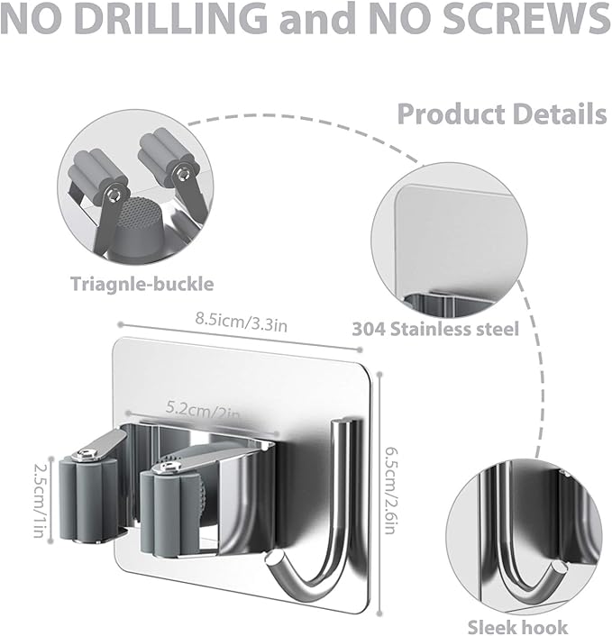 Mop Broom Holder No Drill, Mop Broom Organizer Wall Mounted Heavy Duty with Hooks Hanger, Self Adhesive Stainless Steel 4Pcs for Bathroom, Kitchen, Office (Silver)