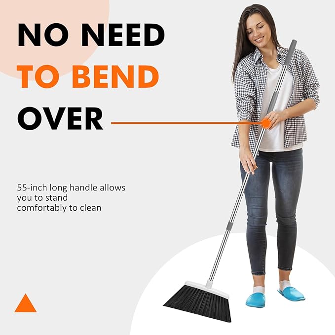 NACENA Heavy Duty Broom, 55 Inch Long Handle Outdoor Large Angle Brooms, Commercial Broom for Sweeping Indoor, for Home Garage Kitchen Office Courtyard Lobby Patio Lawn Concrete, 4 Pack (Grey&White)