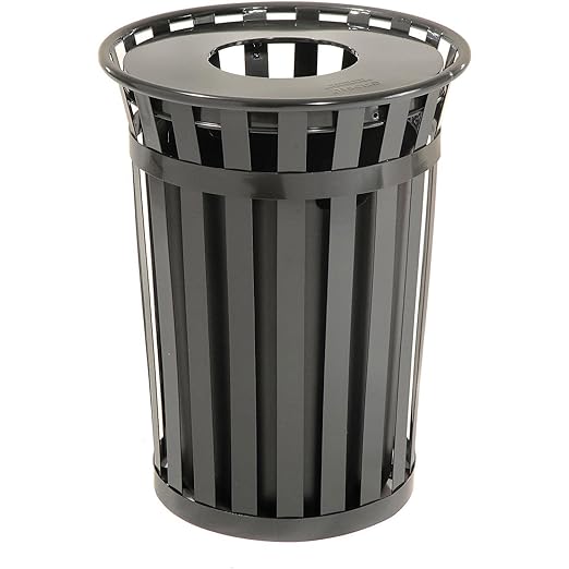 Global Industrial 36 Gallon Outdoor Slatted Steel Round Trash Can with Flat Lid, Plastic Liner & Anchor Kit Included, 28" W x 36" H, Commercial & Industrial Trash Can, Black