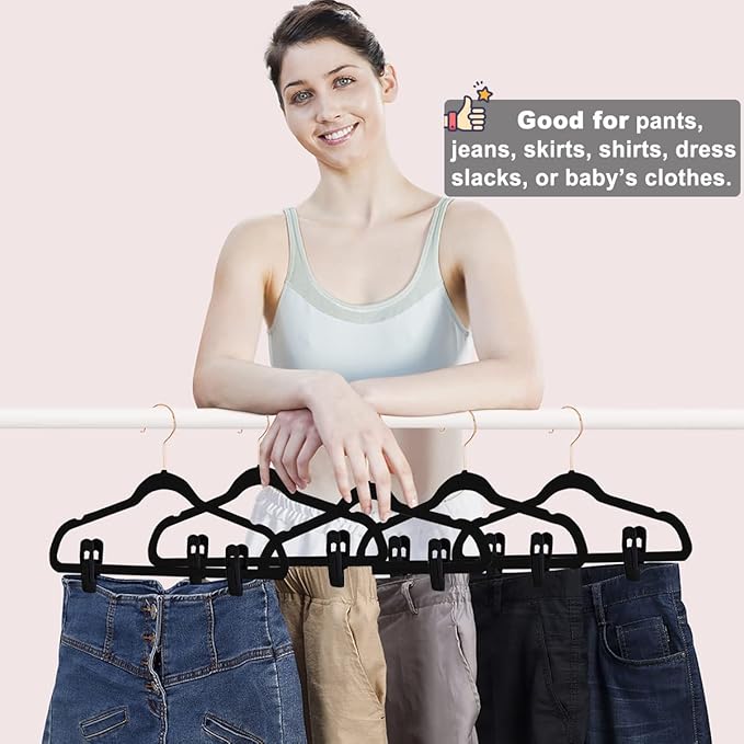 Black Velvet Hangers Clips 20 PCS, Non-Slip Velvet Clips for Suit Pant Skirt Hanger, Strong Finger Clips Perfect for Thin Flocking Hangers