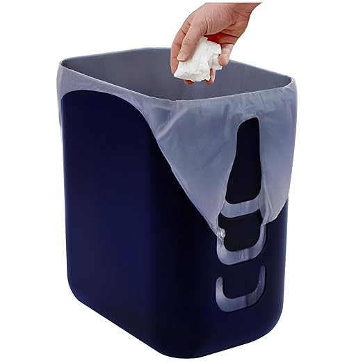 STORi Luup Bathroom Wastebasket, Secure Grocery Bags, Plastic Garbage Container for Vanity, Laundry Room, Kitchen, Office, 2.5 Gallon, Navy, Made in USA