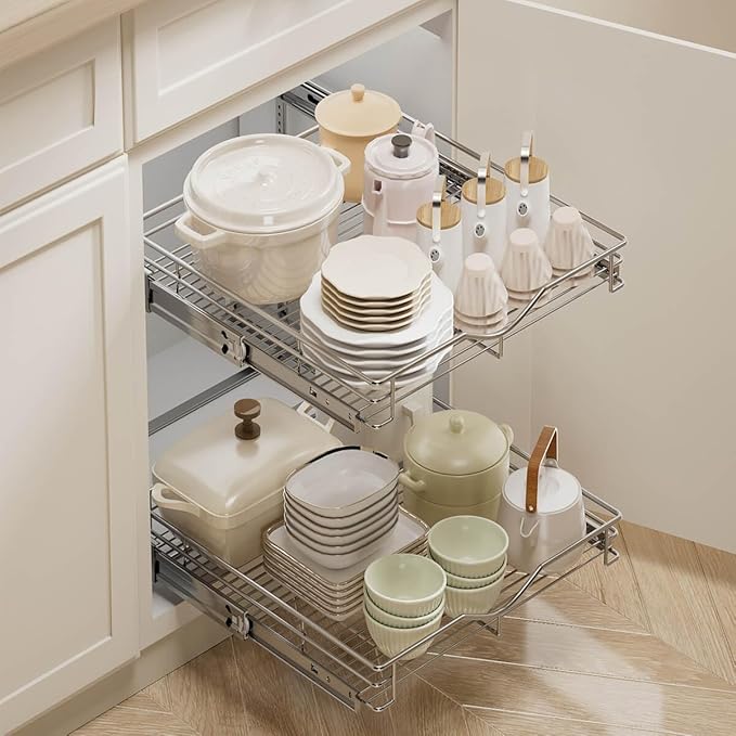 DINDON 2 Tier Pull Out Cabinet Organizer (17" W X 21" D), Double Tier Wire Basket Slide Out Shelf Storage for Kitchen Base Cabinet, Chrome Finish