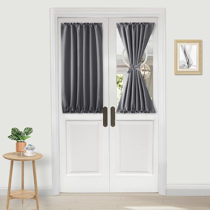 DWCN French Door Curtains – Rod Pocket Thermal Blackout Curtain for Doors with Glass Window, Kitchen and Patio Doors for Privacy, 25 X 40 Inches Long, 1 Curtain Panel with Tieback, Grey