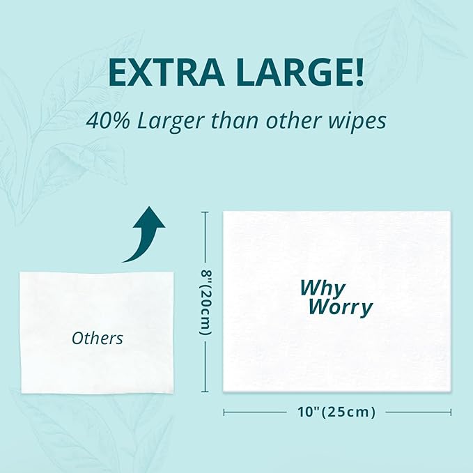 WhyWorry Flushable Wipes for Adults, Extra Large 8"x10" Butt Wipes for Personal Hygiene & Cleansing, Chamomile and Vitamin E, 100% Plant-Based, Septic & Sewer Safe, Unscented, 384 Count (8 Packs)