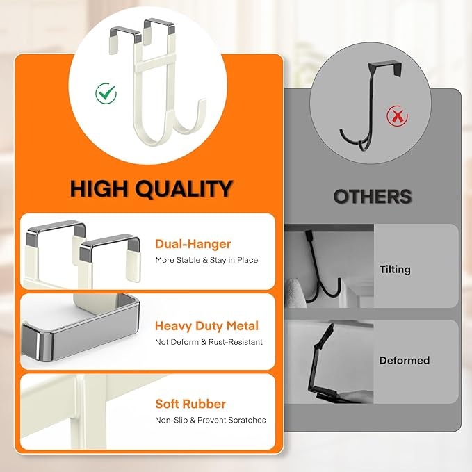 FYY Over The Door Hooks - 4 Pack Heavy Duty Dual-Hook Organizer Hanger with Non-Slip Rubber for Towels, Clothes, Hats & Bags Use in Bathroom, Bedroom, Kitchen - Fits Interior Doors Up to 1 3/8" Beige