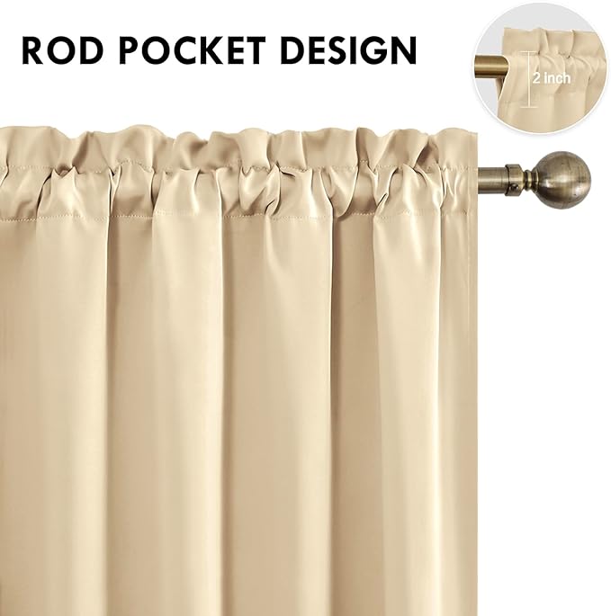 DWCN Blackout Curtains Room Darkening Thermal Insulated Bedroom Curtains Window Curtain Panels, 52 x 63 inches Long, Set of 2 Beige Rod Pocket Drapes