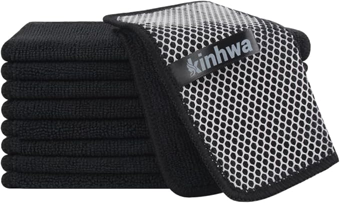 KinHwa Kitchen Washcloths for Dishes Absorbent Microfiber Dish Cloths Quick Dry Dish Rags with Poly Scour Scrub Side Ideal for Kitchen Cleaning (Black, 7inchx7inch 9 Pack)