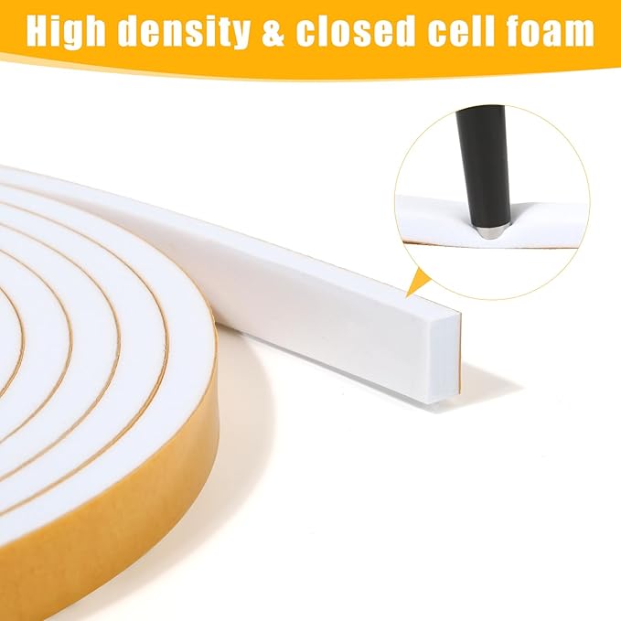 Weather Stripping Door Seal Strip (3/5 Inch X 1/2 Inch X 10Feet), Strong Adhesive, Lightproof, Soundproof, Weatherproof Foam Tape Insulation for Sliding Door, Front Door Frame, Windows- White