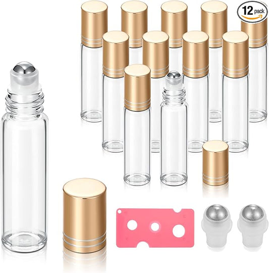 12 Pack 10ml Empty Roller Bottles for Essential Oils, Clear Glass Roller Bottles with Stainless Steel Roller Balls, Empty Refillable Leak Proof Roll on Bottles with Gold Caps (12 Pack Gold Caps)