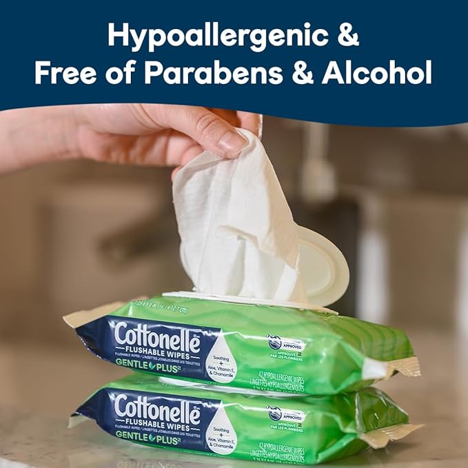 Cottonelle GentlePlus Flushable Wet Wipes with Aloe & Vitamin E, 8 Flip-Top Packs, 42 Wipes Per Pack (336 Total Wipes), Packaging May Vary
