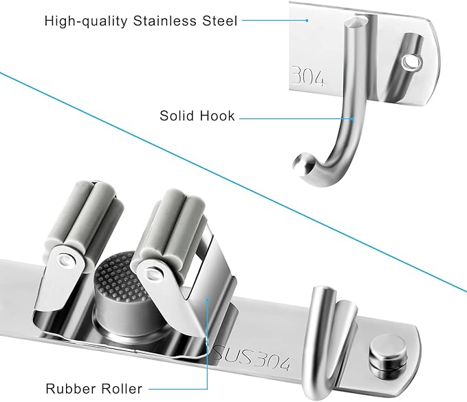 Broom and Mop Holder Wall Mounted, Broom Hanger Storage Rack, Stainless Steel Mop Hanger, Dustpan Holders with 2 Racks and 3 Hooks, Heavy Duty utility hooks for hanging brooms and mops
