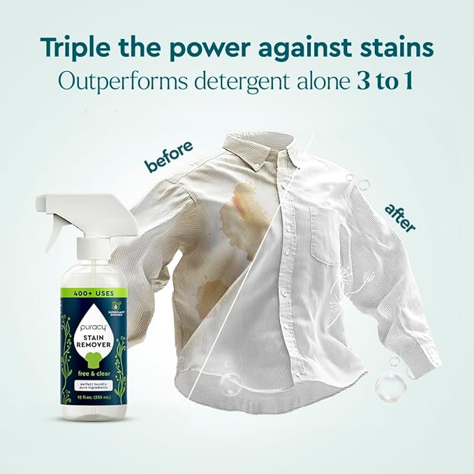 Puracy Stain Remover, Natural Based Travel and Laundry Stain Cleaner for Clothes, Baby Essentials, Kids Stains, Oil and Fabric Spot Cleaner, Unscented (Stain Remover Spray, 12 fl oz)