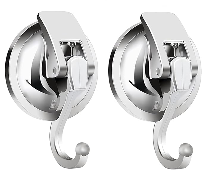 Suction Cup Hooks for Shower, Bathroom, Kitchen, Glass Door, Mirror, Tile – Loofah, Towel, Coat, Bath Robe Hook Holder for Hanging – Waterproof Wreath Hook (Silver 2Pack)