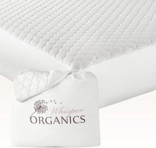100% Cotton Organic Mattress Pad - Breathable & Cooling Mattress Protector King Size - Premium 300GSM Quilted and Noiseless Machine Washable Organic Mattress Protector (White, King)