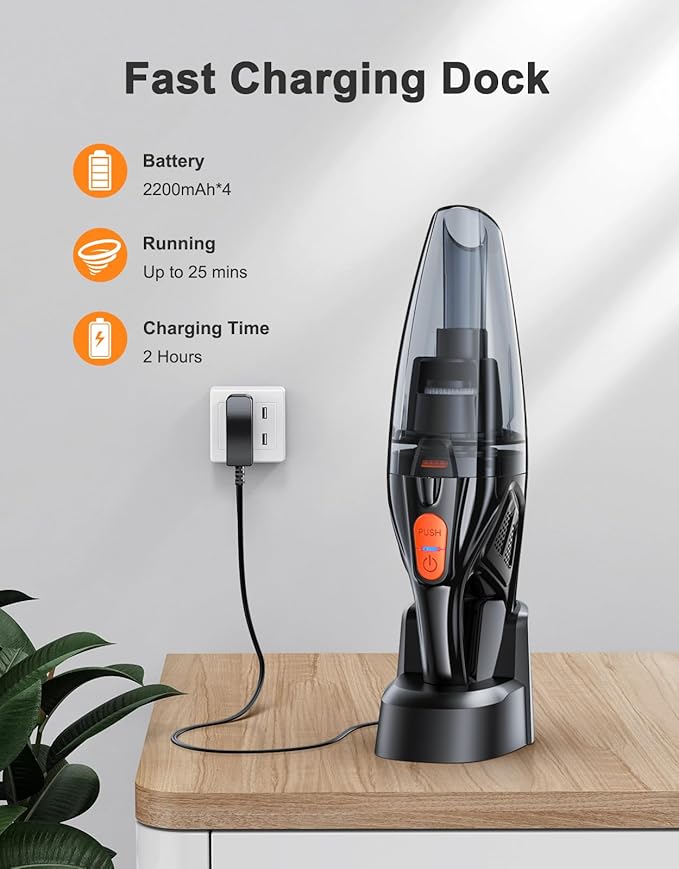 Handheld Vacuum Cordless Rechargeable 9KPA - [2H Fast Charging Dock] Portable Car Vacuum Cleaner High Power Suction with LED Light, 2 HEPA Filters, Dust Busters Wet Dry for Home/Car/Office/Pet
