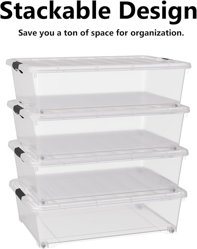 50 Quart Multipurpose Under Bed Storage Container Bins with Secure Latch Lid & Wheels, Underbed Storage Organizer Box, 3-Pack, Clear