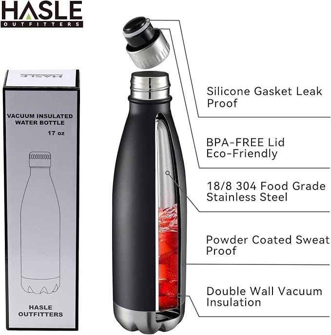 HASLE OUTFITTERS 17oz Stainless Steel Water Bottles Bulk, Vacuum Insulated Double Walled Reusable Metal Sports Water Bottles Keep Drinks Hot and Cold, Black, 8Packs