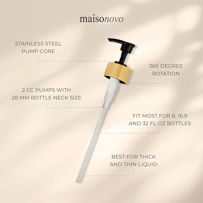 MaisoNovo Soap Pump Replacement - 2X Black Bamboo Pumps - Pump Dispenser - Soap Dispenser Pump Replacement - Stainless Steel Soap Pump - Pump for Soap Dispenser