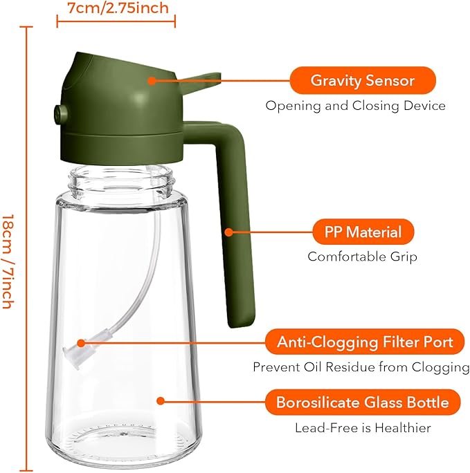 YARRAMATE 16oz/470ml Glass Olive Oil Sprayer for Cooking with Stickers, 2 in 1 Oil Dispenser for Kitchen Gadgets, Food Grade Premium Spray Bottle with Portion Control for Salad, BBQ (OliveGreen)