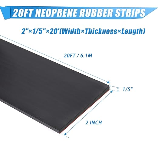 Neoprene Rubber Strips Self Adhesive Sheets, Rolls & Strips with Adhesive Backing Rubber Pads Self Stick Seal Gasket Sticky Back for Matting Padding - 2" Wide x 1/5" Thick x 20' Long