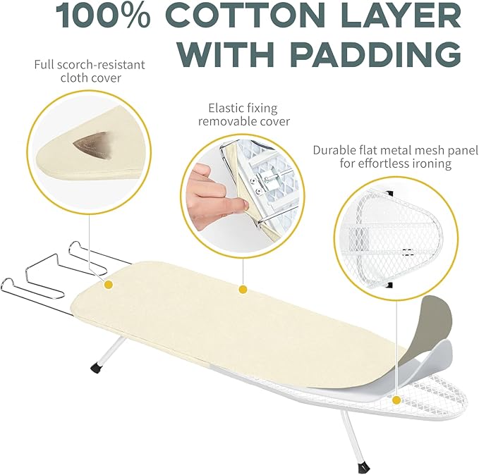 Metal Small Ironing Board Tabletop 31x12, RAINHOL Countertop Mini Iron Board Foldable with Cotton Cover and Pad, Portable and Compact for Travel, Dorms and Small Space