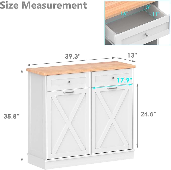Betterhood Double Tilt Out Trash Cabinet Can Bin Kitchen 20 Gallon Wooden Free Standing Laundry Sorter,Recycling Cabinet with Hideaway Drawer, (White)