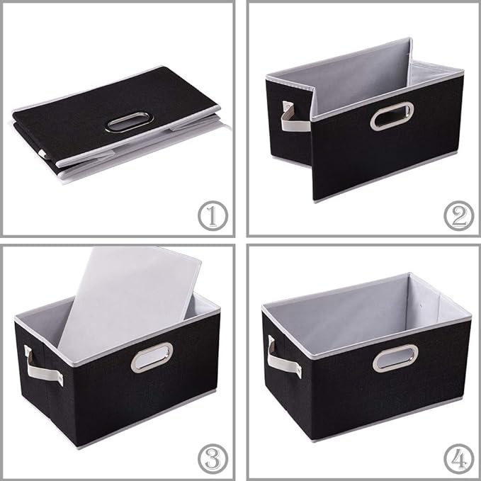 PRANDOM Larger Collapsible Storage Bins for Closet [3-pack] Decorative Linen Fabric Storage Baskets Cubes with Leather/Metal Handles for Living Room Black (17.3x12.2x10.4 Inch)