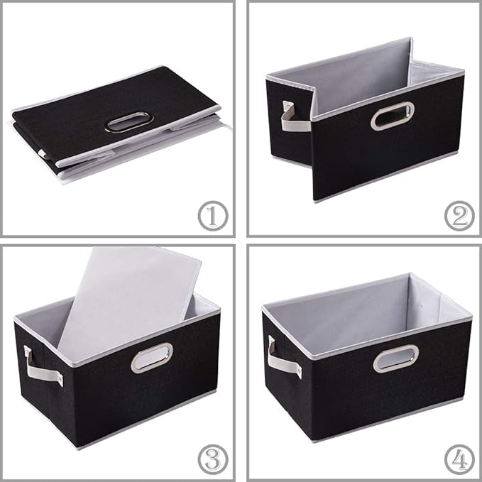 PRANDOM Large Collapsible Storage Bins for Closet [3-pack] Decorative Fabric Storage Baskets Cubes with Leather/Metal Handles for Shelves Bedroom Living Room Black (14.9x9.8x8.3 Inch)