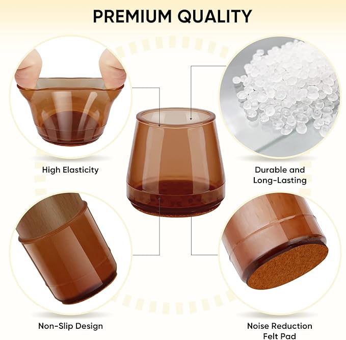 BALEINE 32 Pack Silicone Chair Leg Floor Protectors, Stool Leg Protectors Cap, Non-Slip Chair Leg Caps for Hardwood Floors (Brown & Large, 32 Pack)
