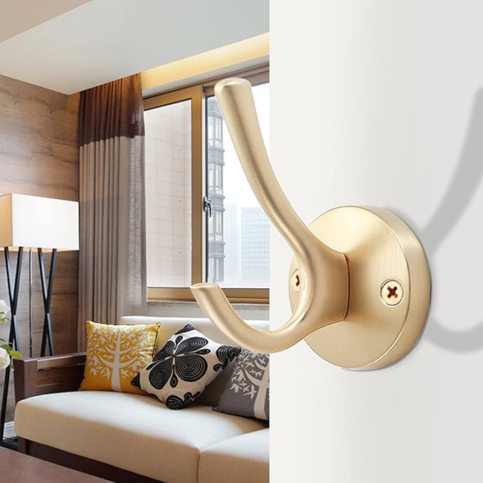 Gold Hat and Coat Hooks, 4 Pack Heavy Duty Coat Robe Hook, Metal Double Backpack Hook Wall Mounted, Towel Hooks for Bathroom Entryway Cubicle Closet Garage