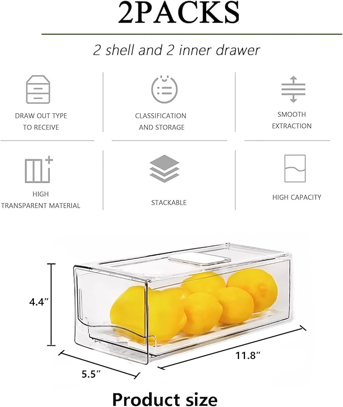 2 Pack Fruit Storage Containers for Fridge with Drain Board, Stackable Refrigerator Organizers and Storage,Reusable Food Storage Containers,Fridge Organizer Drawer for Produce,Fruit,Vegetable,BPA-Free