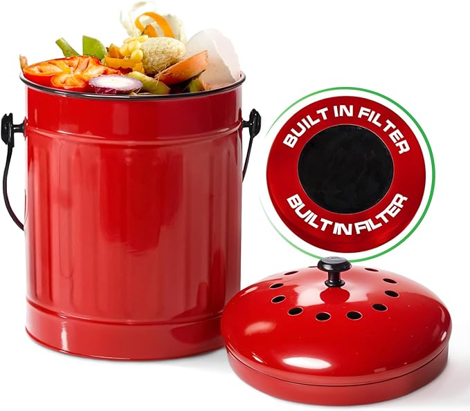 Plexon Countertop Compost Bin Kitchen with Lid, Red 1.5 Gallon Odorless Compost Container, Steel Food Compost Bucket for Kitchen with Charcoal Filter, Pail for Countertop