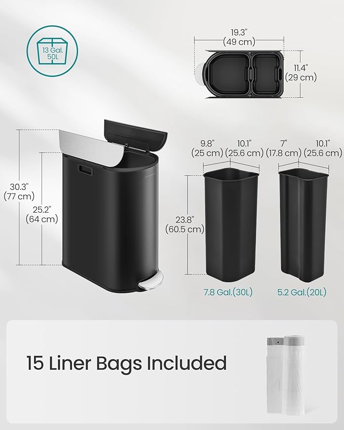 SONGMICS 13-Gallon Dual Kitchen Trash Can, 5.3 and 8 Gallon Compartments, Garbage Can with Wing Lids, Stainless Steel, Soft Close, Inner Buckets, Ink Black and Metallic Silver ULTB570B50