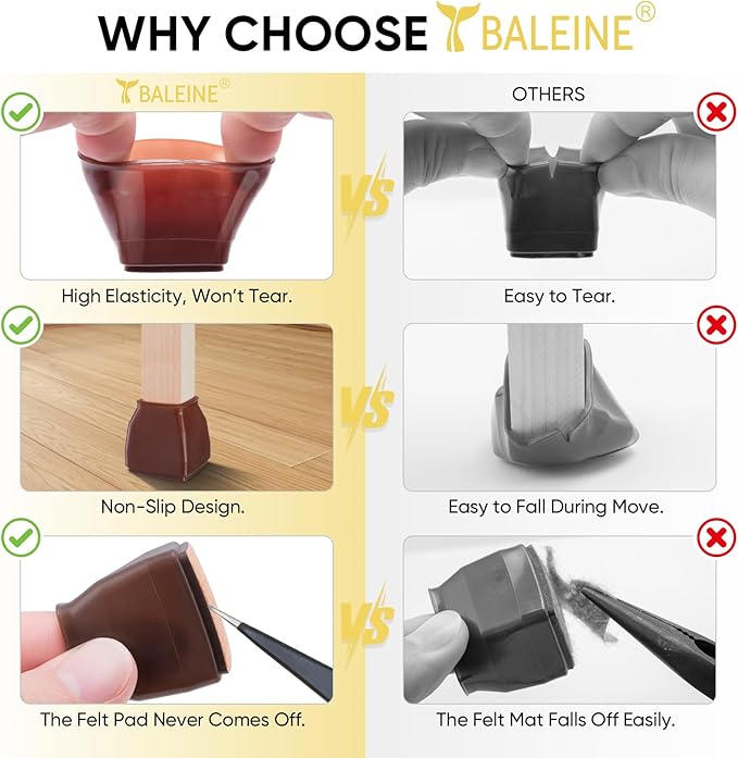 BALEINE 16 Pack Silicone Chair Leg Floor Protectors, Stool Leg Protectors Cap, Non-Slip Chair Leg Caps for Hardwood Floors (Brown & Small (Square), 16 Pack)