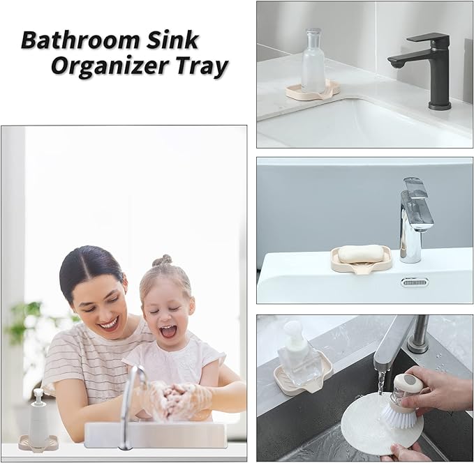 Silicone Bathroom Soap Dishes with Drain Spout-Bathroom and Kitchen Sink Organizer,Sponge Holder,Dish Soap Tray,Perfect for Dispenser,Scrubber,Bottle,Cup on Sink or Counter-Tapioca 4.9"×3.2"