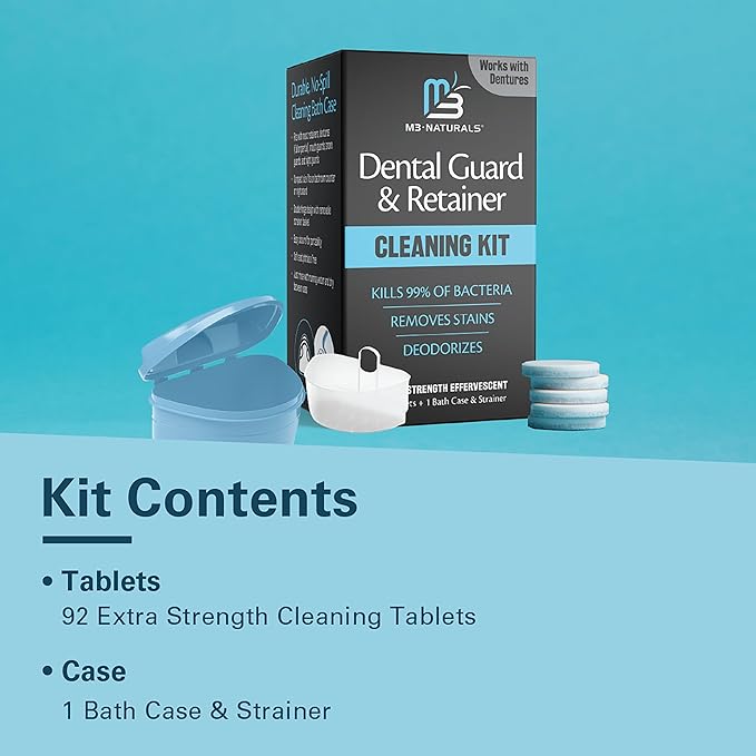 Retainer Cleaner and Soak Container, No-Mess Cleaning Tablets with Universal Denture Bath Case and Strainer, Multipurpose, for Mouth Guard Stains, Odor, and Plaque (92 Tablets + 1 Bath) by M3 Naturals