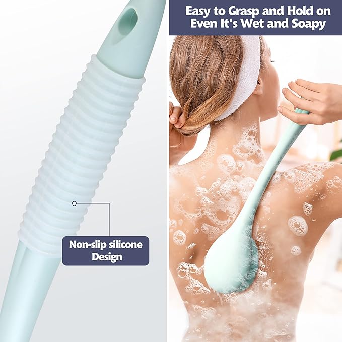 BEDELITE Back Bath Brush Long Handle for Shower of 2 - Soft Shower Brush for Men & Women,Back Brush Scrubber - 16.4" Long Skin Exfoliator for Bath Scrubber Body Brush（2 Pack, Blue & Ivory）