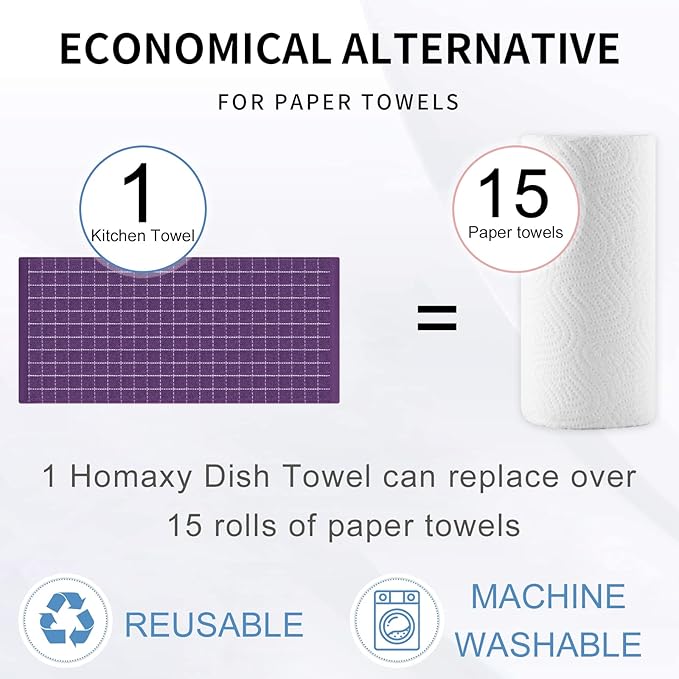 Homaxy 100% Cotton Terry Kitchen Towels(Purple, 13 x 28 inches), Checkered Designed, Soft and Super Absorbent Dish Towels, 4 Pack