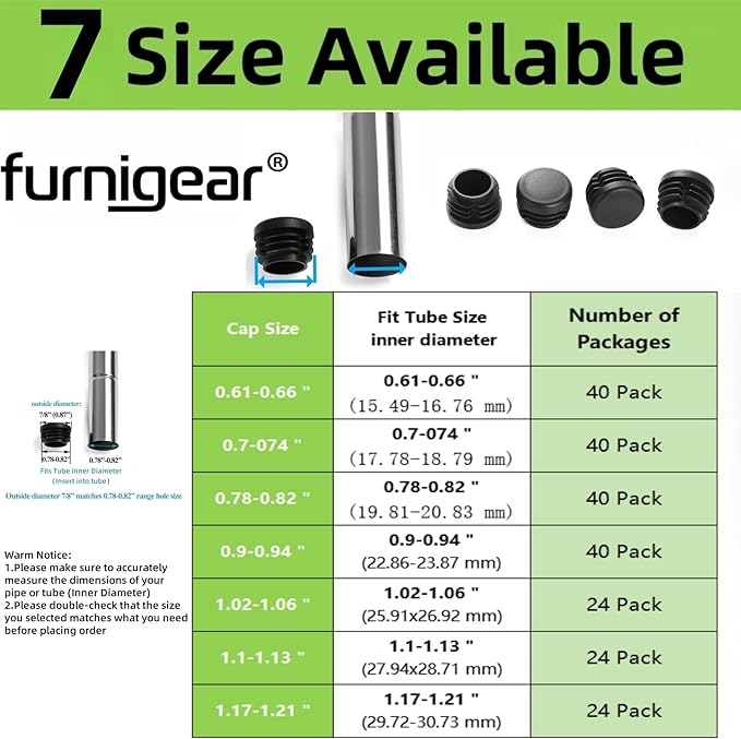 Furnigear Plastic Plugs Tubing End Caps Chair End Caps 7/8" Outside Bottom Round Tubing Caps Round Furniture Sliders Glides Black (Fit 0.78-0.82" Tube Inner Diameter, 40pack)