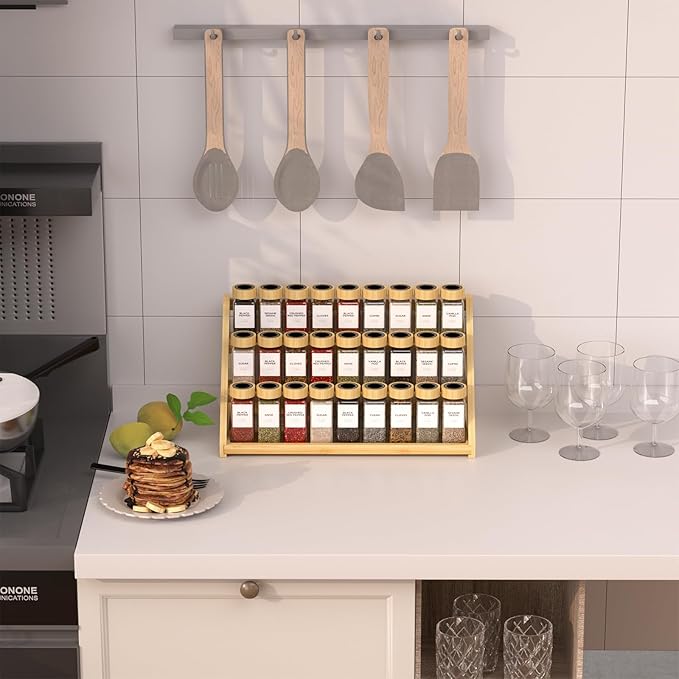 Bamboo Tiered Spice Rack, for Countertop Spice Organizer for Pantry Spice Shelf Organizer Kitchen Spices Rack，Cabinet spice rack，Cabinet seasoning rack