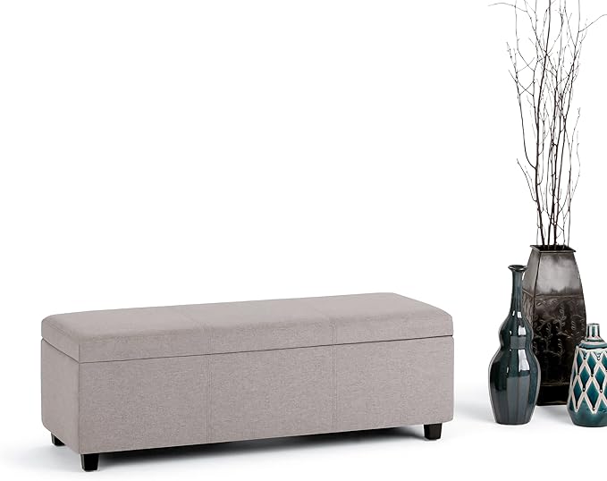 SIMPLIHOME Avalon 48 inch Wide Contemporary Rectangle Storage Ottoman Bench in Cloud Grey Linen Look Fabric, Assembled, for the Living Room, Entryway and Family Room