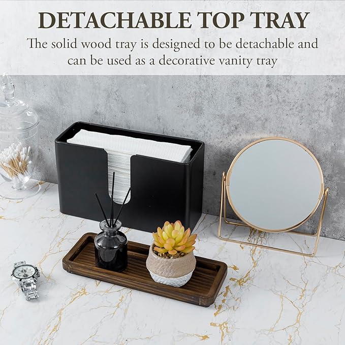 MyGift Deluxe Modern Matte Black Metal Folded Commercial Paper Towel Holder with Rustic Burnt Solid Wood Tray Lid, Wall Mounted Trifold Multifold Z Fold Disposable Napkin Dispenser